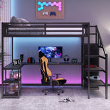 Queen Size Loft Bed with Desk,Metal Heavy Duty Queen Loft Beds with Stairs,Wardrobe and Shelves, High Gaming LoftBed with LED Light and USB Charging Station for Adults,Teens, Black Mirightone