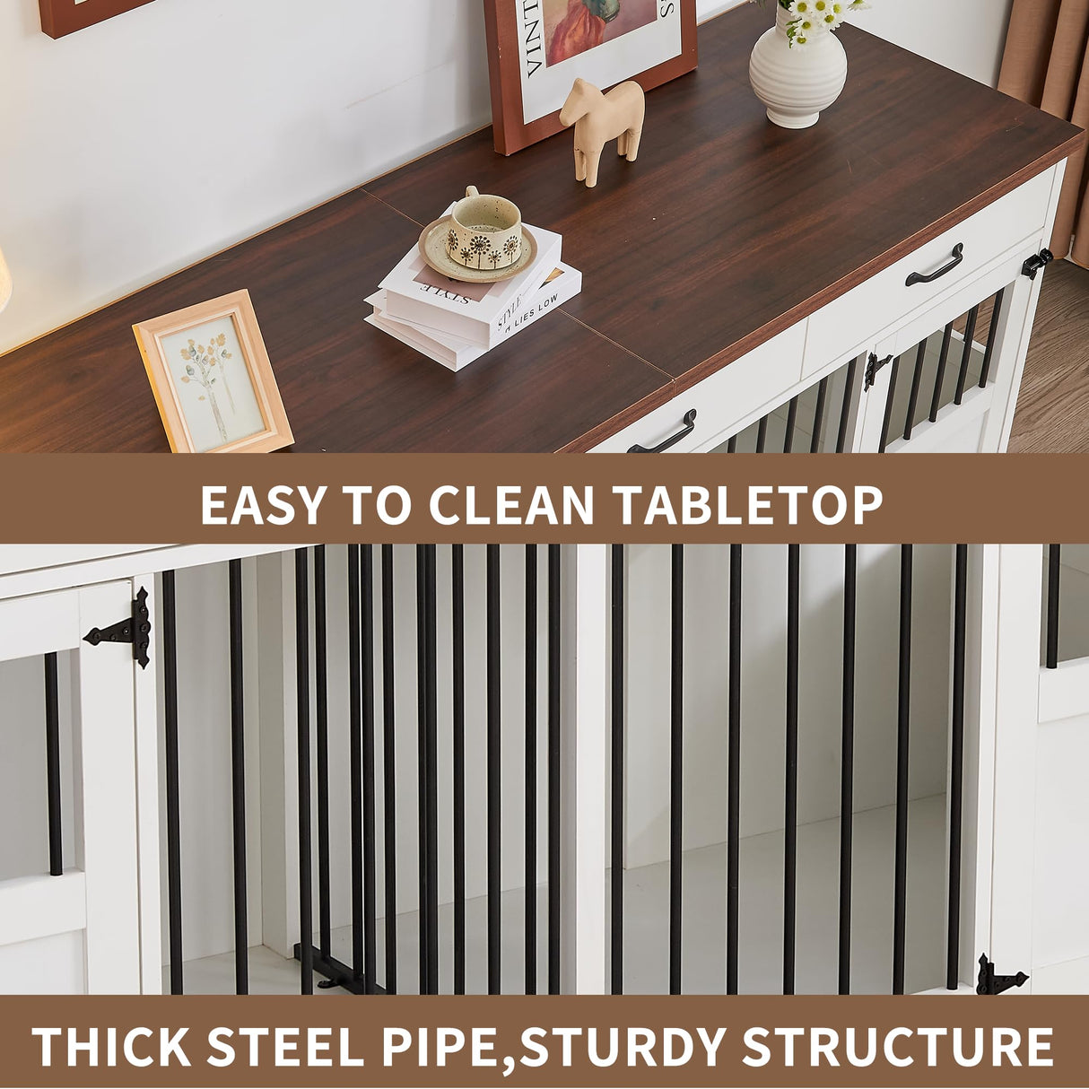 71" Dog Crate Furniture, Large Wood Double Dog Kennel Furniture with 3 Drawers, Crate Furniture Large Breed, Crates for 2 Dogs Furniture - White NBEETISM