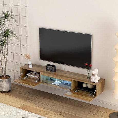 QIANYEWANG Floating TV Stand Wall Mounted with Power Outlet,Modern Wood Wall Mounted Media Console Shelf,Floating Entertainment Center for Under TV Storage for Living Room Bedroom Office,Brown QIANYEWANG