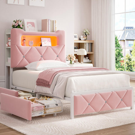 Twin Upholstered LED Bed Frame with 2 Storage Drawers and 2-Tier Storage Bookcase Headboard, Velvet Princess Platform Bed for Kids/Girls/Boys, Corner Bed Frame, Heavy Duty Metal Support, Pink Jocoevol
