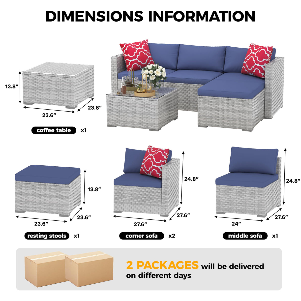 5 Piece Outdoor Patio Furniture Set, Rattan Deck Conversation Sofa Set with Non-Slip Cushions, All-Weather Sectional Sofa with Glass Storage Table and Balcony Footstool, Poolside, Garden, Porch, Gray GAOMON