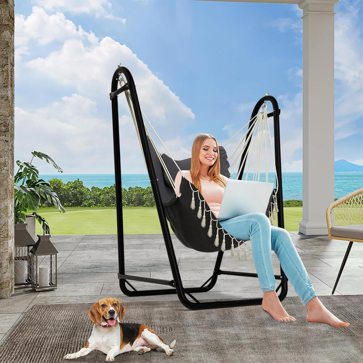 Unique U-Shaped Hammock Chair with Stand,Sturdy & Rust-Resistant,Free Gray Cotton Hammock Chair TOREVSIOR