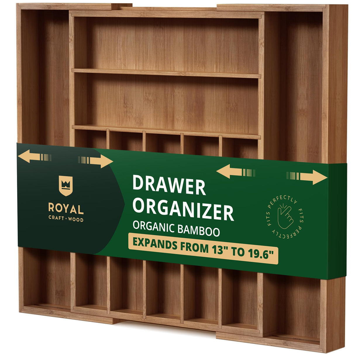 ROYAL CRAFT WOOD Luxury Bamboo Kitchen Drawer Organizer - Silverware Organizer - Utensil Holder and Cutlery Tray with Grooved Drawer Dividers for Flatware and Kitchen Utensils (9 Slot, Brown Bamboo) ROYAL CRAFT WOOD