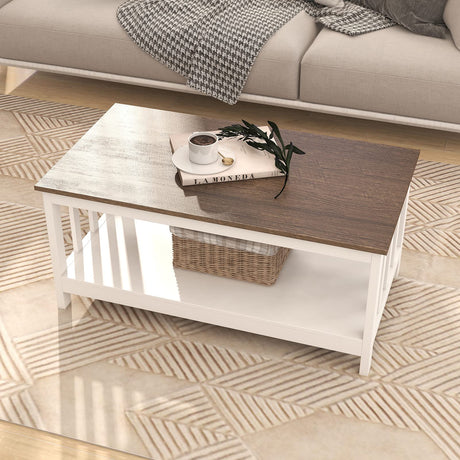 ChooChoo White Coffee Table, Farmhouse Living Room Table with Shelf, 40 Inch ChooChoo