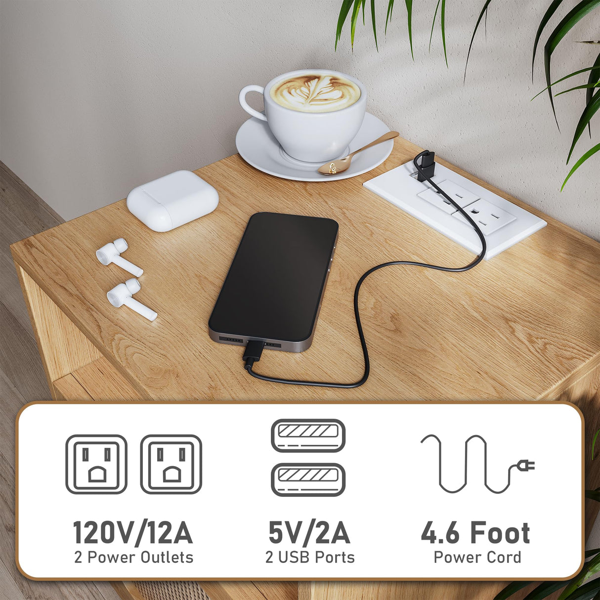 Buytime Nightstands Set of 2 with Charging Station, Boho Bedside Tables with Solid Wood Feet, Mid Century Side Table with Rattan Decorated Drawer, End Table with Storage for Bedroom, Natural, 2 Pack Buytime