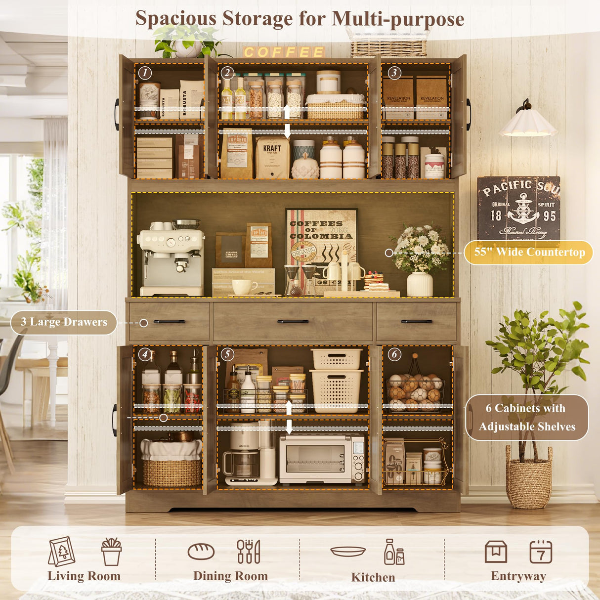 HOSTACK 71" Tall Kitchen Pantry Storage Cabinet with Charging Station, 55" Wide Kitchen Hutch Cabinet with Large Countertop, Farmhouse Food Pantry with Drawers for Living Room (Rustic Brown) HOSTACK