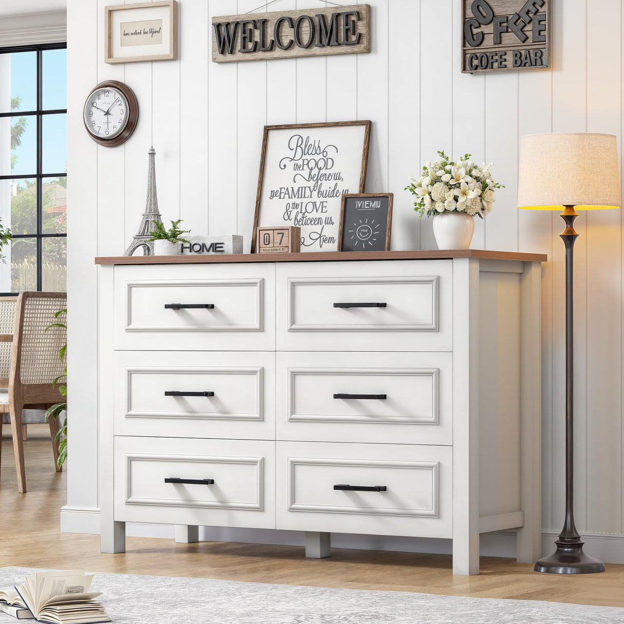 YITAHOME 6-Drawer Dresser with Built-in Power Outlet, Wood Dresser TV Stand with 6 Large Drawers & Bar Handles, Dresser Chest of Drawers for Entryway Living Room Hallway, White & Walnut YITAHOME