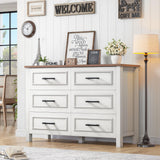YITAHOME 6-Drawer Dresser with Built-in Power Outlet, Wood Dresser TV Stand with 6 Large Drawers & Bar Handles, Dresser Chest of Drawers for Entryway Living Room Hallway, White & Walnut YITAHOME