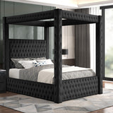 Velvet Canopy Bed Frame Queen - Upholstered Four Poster Bed Frame with Tufted Headboard and Footboard, Luxury Bed Frame with Wood Slats for Bedroom Furniture, Box Spring Required, Black Wirktive
