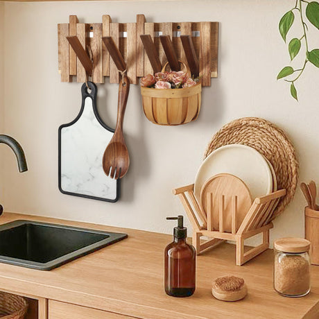 KYIAANY Wall Coat Rack for Entryway: Rustic Wooden Folding 8 Hooks Mount 16.5inch Decorative Piano Hanger for Farmhouse Hallway Bathroom for Towel Backpack Jacket (Staggered Style) KYIAANY