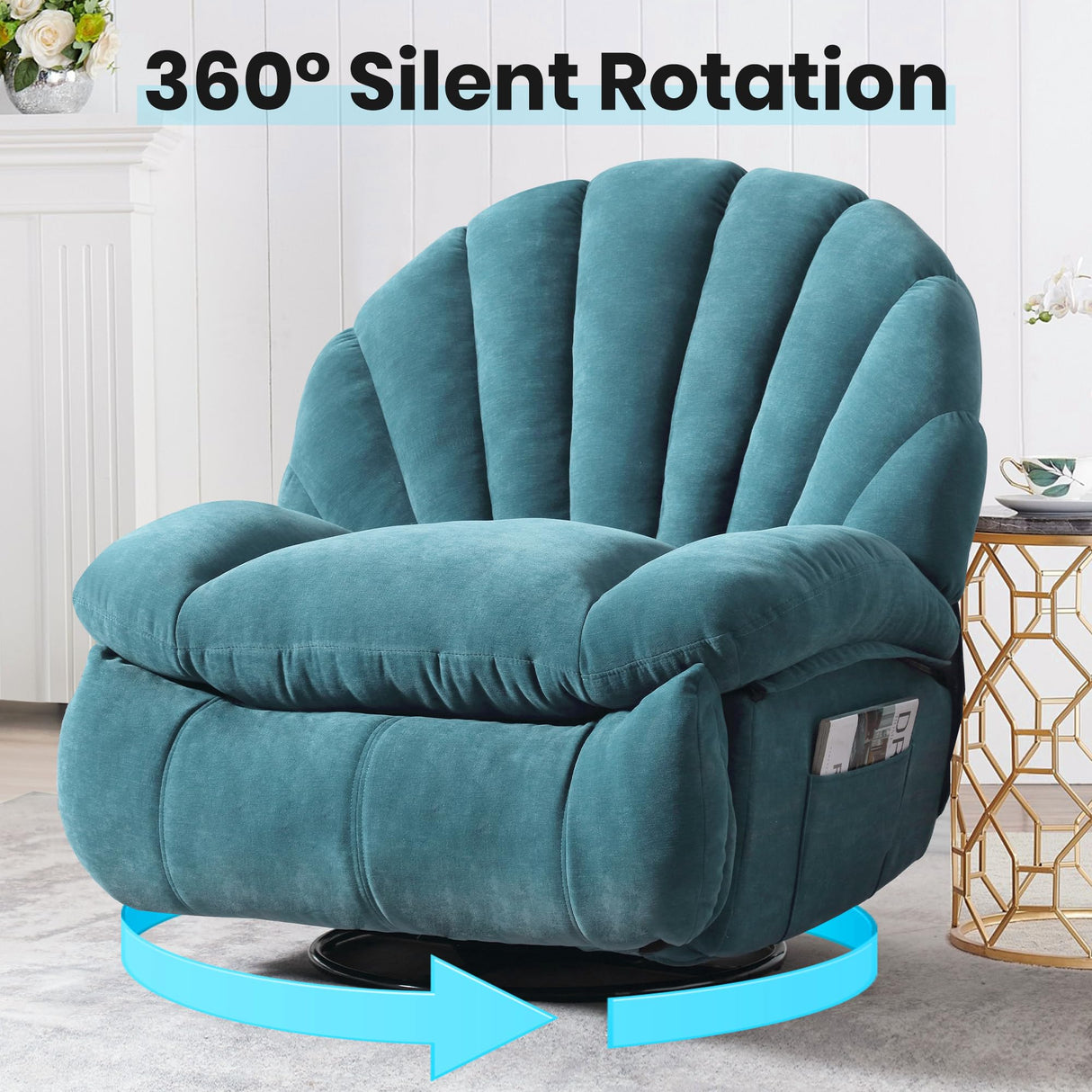 YI DANICA Swivel Rocker Recliner Chair – Shell Shape Manual Big Tall Single 360° Swivel Reclining Sofa with Storage Pockets | Small Space-Friendly for Living Room/Bedroom (NO Massage & Heat, Green) YI DANICA