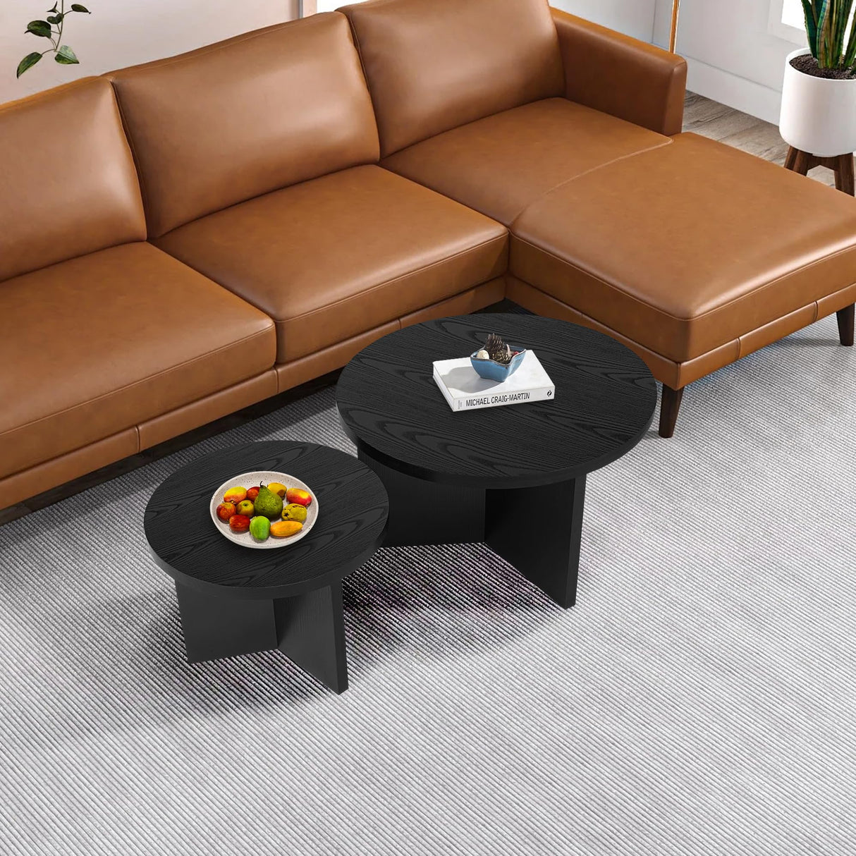 QuicMiou Round Nesting Coffee Table Set of 2, Modern Stacking Table with Wood Grain Finish, End Table Side Tables for Living Room (Black) QuicMiou