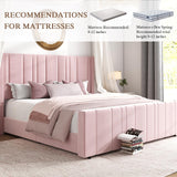 HOMBCK King Size Bed Frame, Soft Upholstered Bed Frame with Vertical Channel Tufted Headboard, Soft Bed Frame King, Tall Footboard, Noise Free, No Box Spring Needed, Easy Assembly, Pink HOMBCK