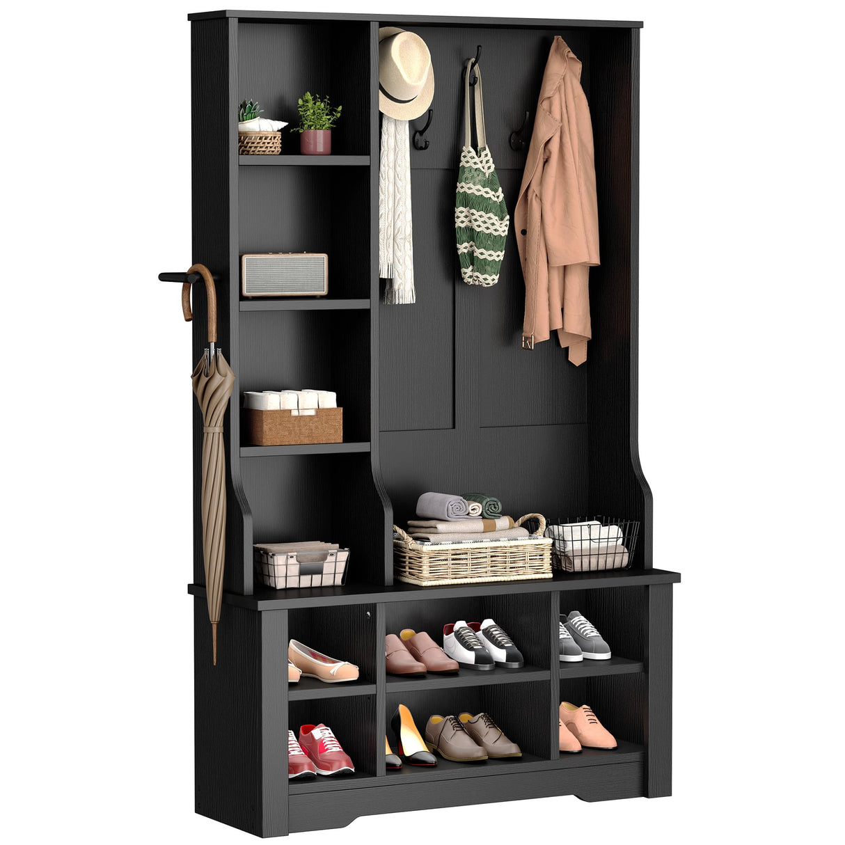 YITAHOME 39" Farmhouse Hall Tree with Entryway Bench, Wood Coat Rack with Storage Shelves, 5 Coat Hooks, 6 Shoe Cubbies w/Adjustable Shelves, Rustic Hall Tree for Entryway Hallway Foyer Narrow, Black YITAHOME