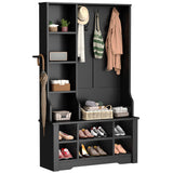 YITAHOME 39" Farmhouse Hall Tree with Entryway Bench, Wood Coat Rack with Storage Shelves, 5 Coat Hooks, 6 Shoe Cubbies w/Adjustable Shelves, Rustic Hall Tree for Entryway Hallway Foyer Narrow, Black YITAHOME