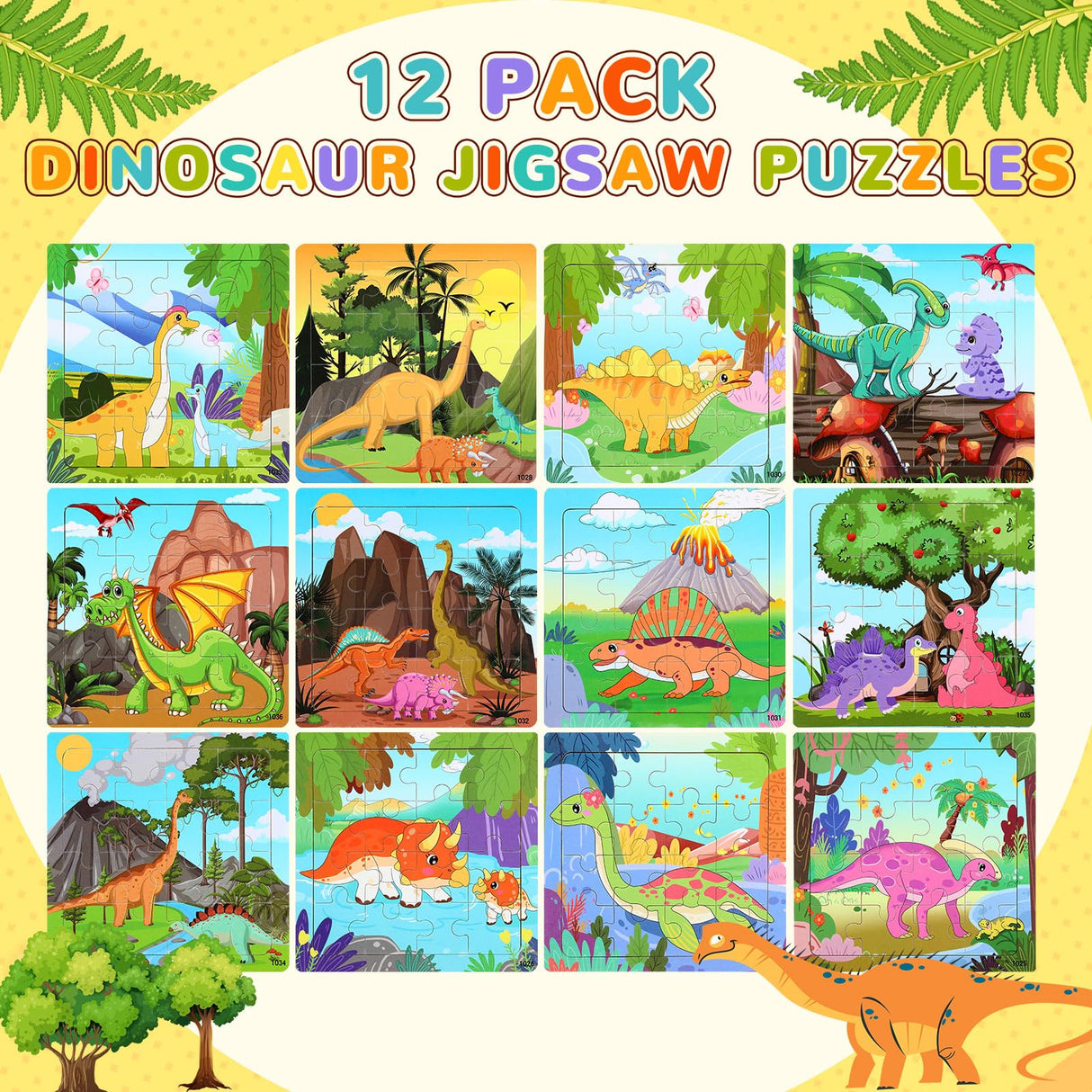 SANNIX 12 Pack Dinosaur Wooden Jigsaw Puzzles with 12 Organize Bags, Dinosaurs Animals Toddlers Puzzles for Kids Ages 3 4 5, Party Favors Educational Learning Travel Toys for Boys Girls SANNIX