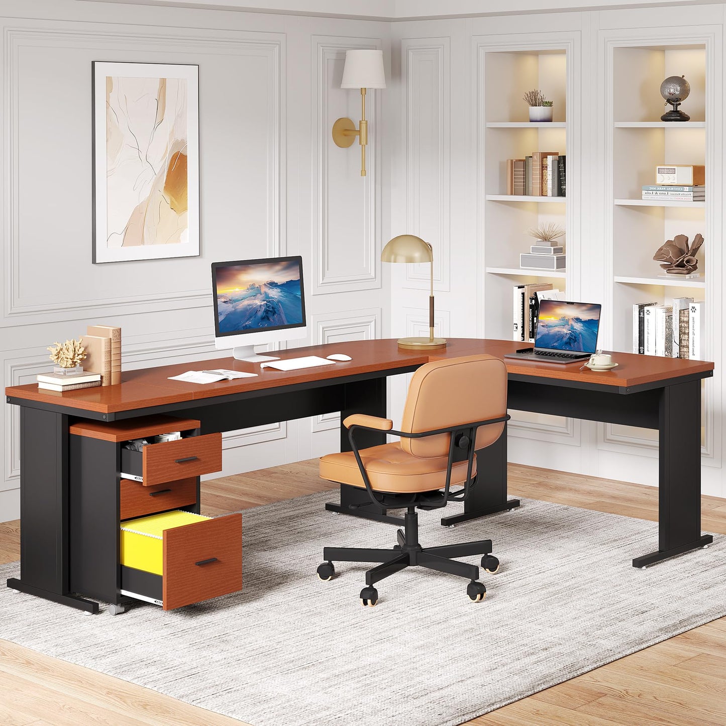 Tribesigns L-Shaped Executive Desk, Large Office Desk with 3-Drawer File Cabinet, Industrial Corner Computer Desk with Drawers, Business Furniture Desk Workstation for Home Office (Dark Walnu - WoodArtSupply