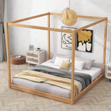 King Size Canopy Bed Frame, Wood Floor Canopy Bed Frame, Four Poster Canopy Platform Bed with Wooden Slats Support for Adults, Solid Wood 4-Poster Bed, Wood Floor Bed Frame with 4 Posters, Natural MaiDeHaoo