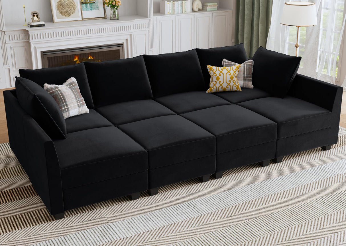 HONBAY Modular Sectional Sleeper Sofa Velvet Sectional Sleeper Couch with Storage Seats Oversized Sectional for Living Room,Black HONBAY