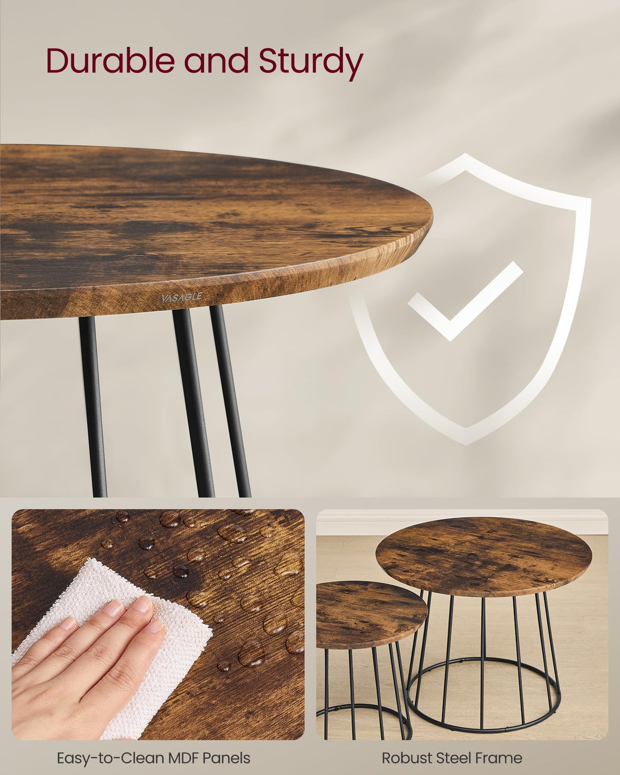 VASAGLE Round Coffee Tables, Set of 2, Modern Circle Side Tables with Steel Frame, for Living Room, Bedroom, Rustic Brown ULCT045K01 VASAGLE