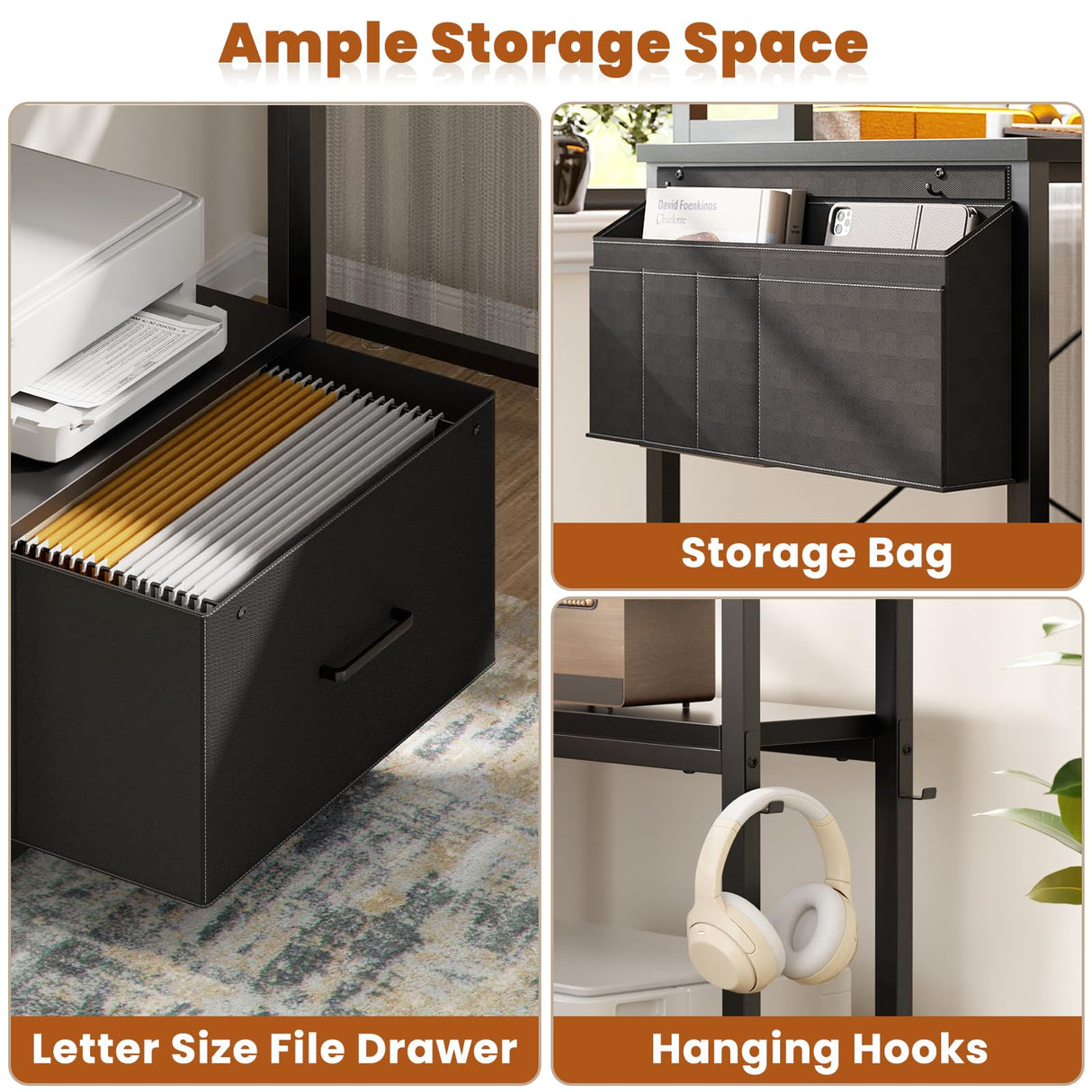 Homieasy Computer Desk with File Drawer Cabinet, L Shaped Office Desk with Printer Stand & Full Monitor Stand, 48 Inch Gaming Desk with Power Outlets Led Light Storage Bag Hanging Hooks, Black Homieasy