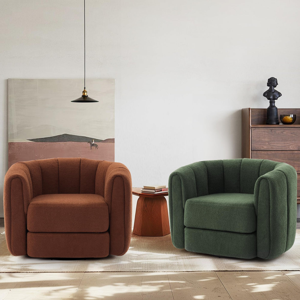 SUNWAVE Swivel Accent Chair, 360-degree Swivel Barrel Chair with Teddy Upholstery, Comfy Pumpkin-Shaped Accent Chair for Living Room, Bedroom, or Office (1, Green, 37") SUNWAVE