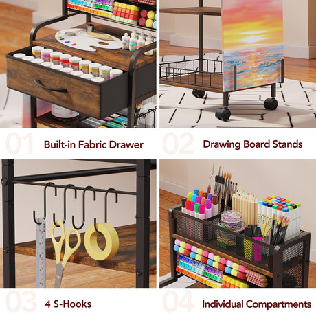 Homsorout Art cart, 3 Tier Rolling Cart - Utility Cart with Storage Drawer and Wheels, Versatile Art & Craft Organizer for Home, Office, or Studio Ideal for Storing Brushes, Paints （Brown） Homsorout
