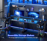 Korfile Computer Gaming Desk with Power Outlet & LED Lights, 47 Inch L Shaped Gamer Table with Storage Shelves for Bedroom, Reversible Corner Home Office Desk, Carbon Fiber Black Korfile