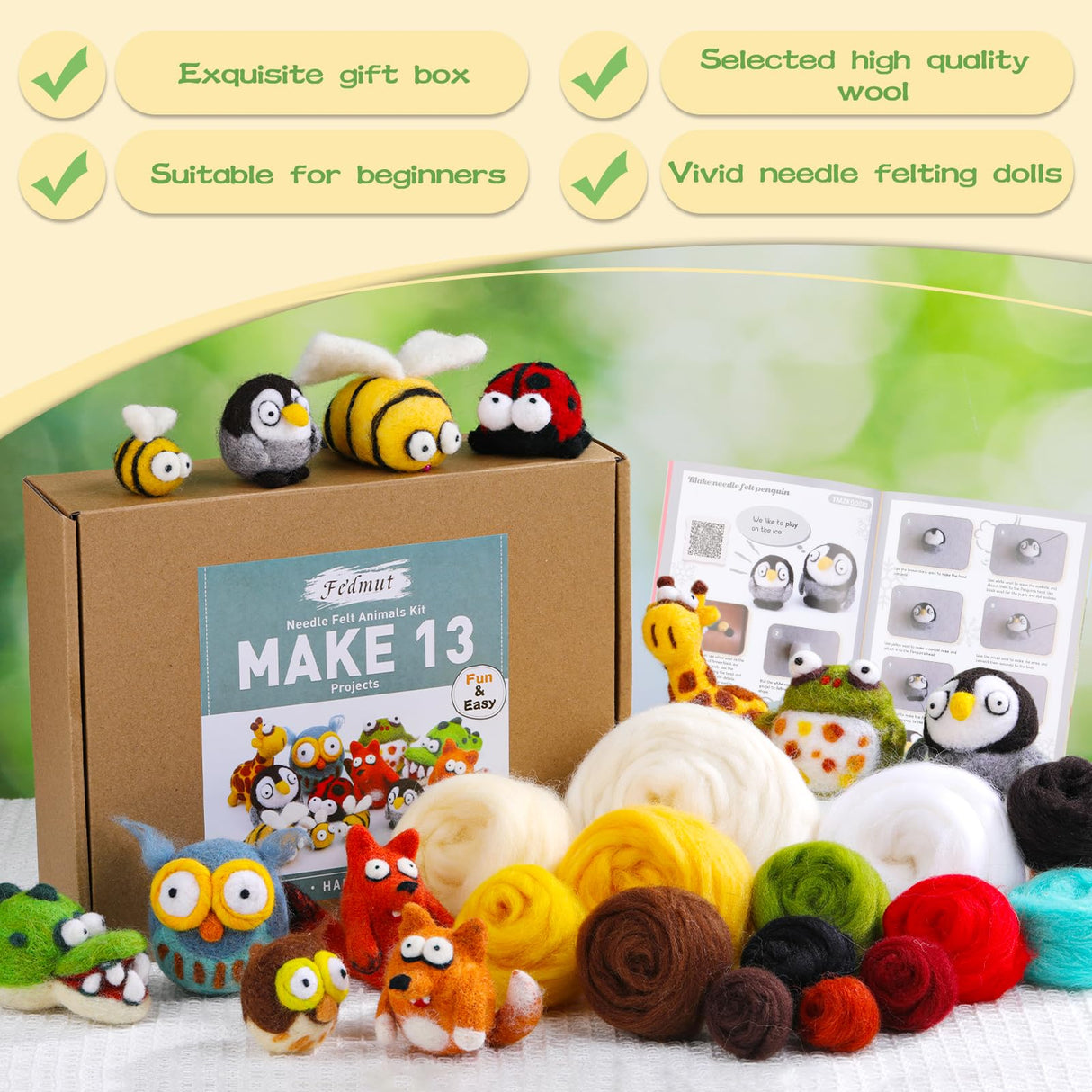 Fedmut Needle Felting Kit - 13Pcs Needle Felting Kit for Beginners with Wool Roving, Felting Pad, Felting Needles for Starters DIY Craft Animal Home Deco Birthday Gift Fedmut