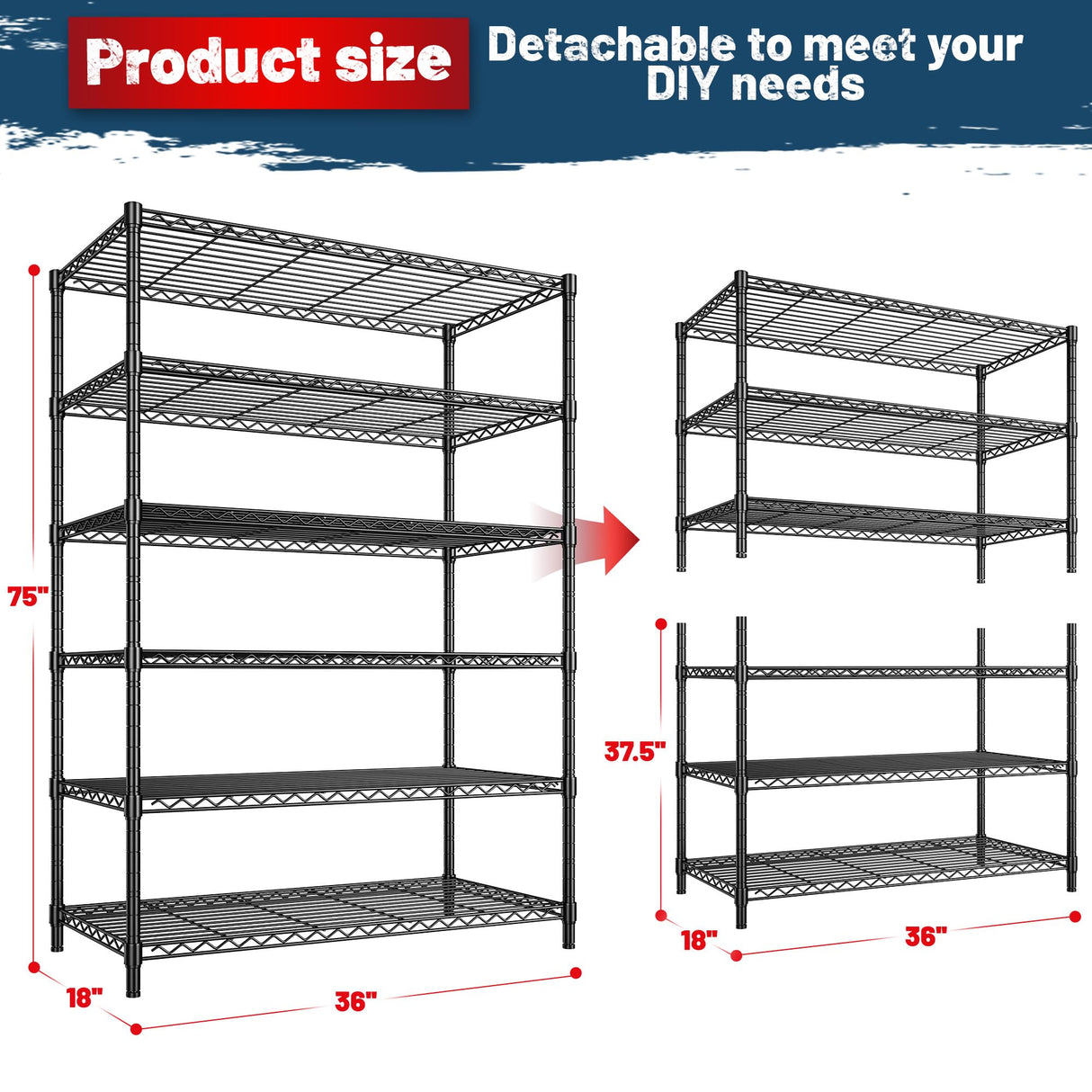 DurayLoly 6 Tier Storage Shelves 75H Adjustable Metal Shelving Rack, 1200LBS Wire Shelving Rack for Storage Unit, Metal Shelves for Pantry Shelves, Garage, Kitchen, 75" Hx 36" Wx 18" D DurayLoly
