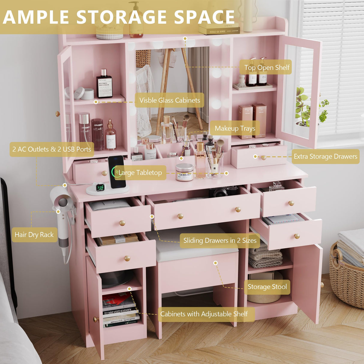 Makeup Vanity Desk with Mirror and Lights, Pink Vanity Table Set with Storage Drawers, Charging Station, Cabinets & Chair, Large Dressing Table with RGB Ambient Light for Women Girls Bedroom Bathroom Xixini