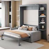 MERITLINE Queen Murphy Bed with Couch and Storage Shelves,Wood Murphy Bed Cabinet with Storage Shelves and Sofa,Fold up Bed Grey Murphy Wall Bed Queen Size MERITLINE