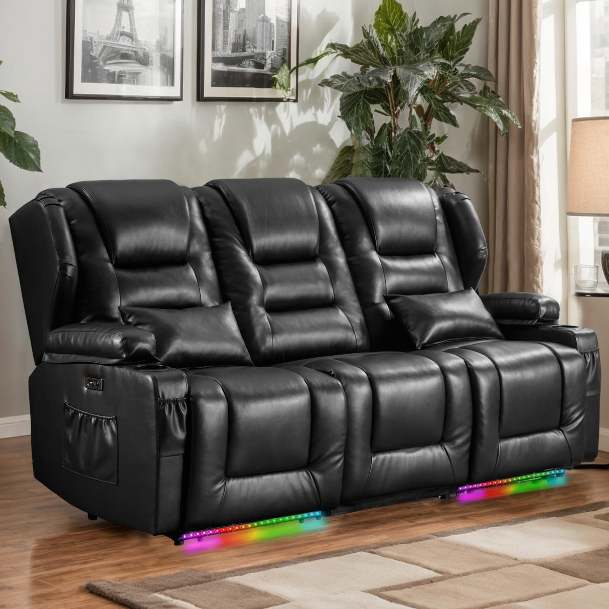 DRMBOOK RV Power Loveseat Recliner Sofa, Faux Leather 3-Seater Wall Hugger Reclining Sofa, Home Theater Seating Chair with Cup Holders, 3 Person Couch RV Furniture for Living Room, Black DRMBOOK