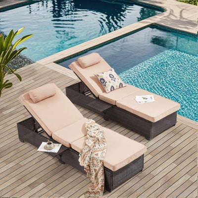 Yalissey Outdoor Lounge Chairs, Pool Lounge Chairs Set of 2, Outdoor Chaise Lounge with Adjustable Backrest & Cup Holder,Khaki