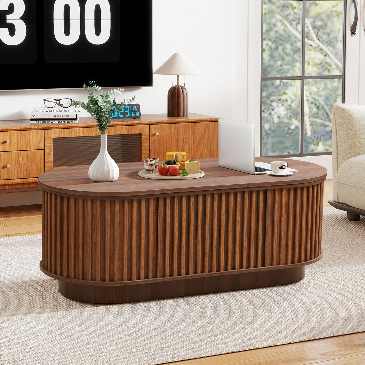 CHILILTDUS Oval Lift Top Coffee Table with Storage, 43.3”Mid Century Modern Center Table with Hidden Compartment, Fluted Wooden Lift Tabletop Dining Tables for Living Room Apartment Home Office,Walnut CHILILTDUS