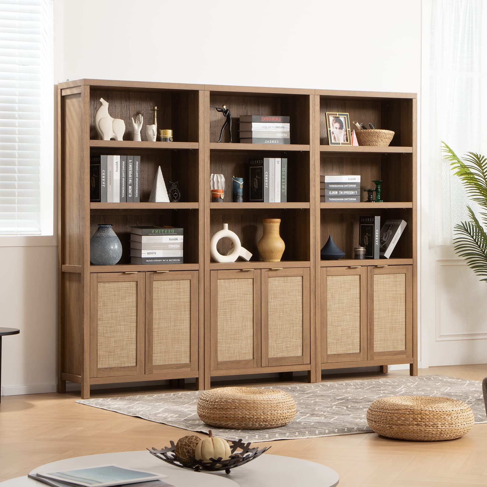 SICOTAS 5-Tier Boho Rattan Bookcase with Doors - Farmhouse Large Bookshelf in Reclaimed Caramel Oak - WoodArtSupply