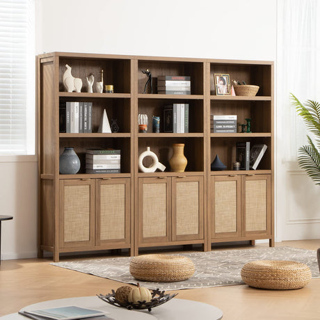 SICOTAS 5-Tier Boho Rattan Bookcase with Doors - Farmhouse Large Bookshelf in Reclaimed Caramel Oak SICOTAS