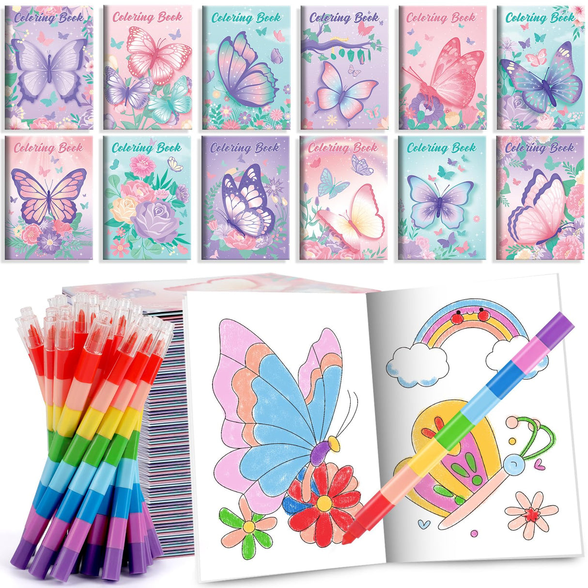 BenLouis 12 Butterfly Mini Coloring Books Kids with 12 Stacking Crayons Butterfly Theme Party Favors Small Activity Books Bulk for Kids Spring Fairy Birthday Party Gift Goodie Bag Stuffers BenLouis