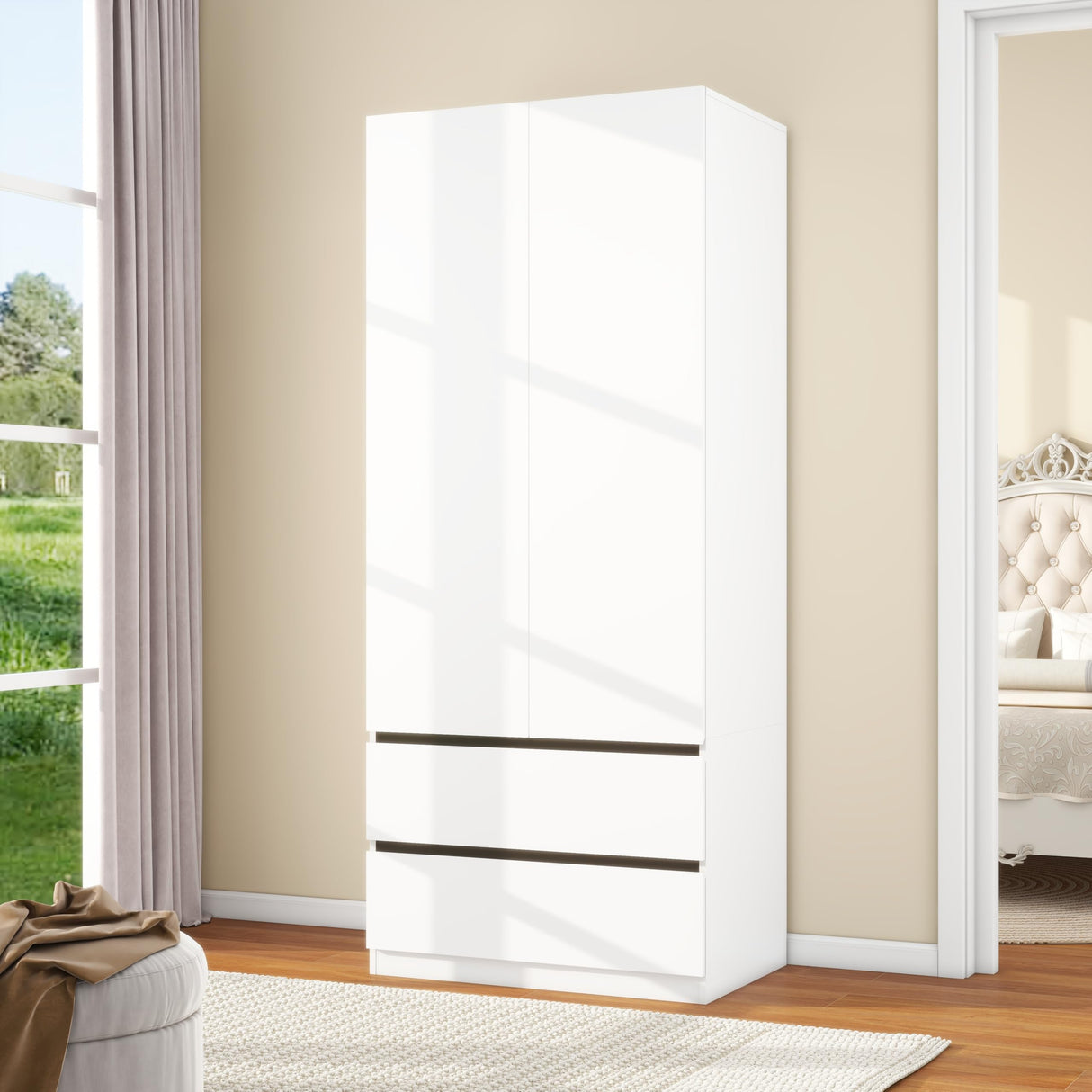 LABROSKIA Bedroom Armoire Wardrobe Closet with 2 Doors: 75" White Wooden Closet with 2 Drawers, Modern Large Wardrobe Closet for Hanging Clothes, Cabinet for Clothes(Contemporary, 1) LABROSKIA
