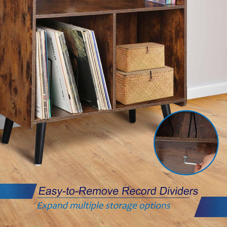 Possile 3-Tier Mid-Century Vintage Record Player Stand and Vinyl Storage Cabinet in Rustic Brown Possile