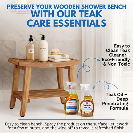 EcoDecors 24 Inch Harmony Natural Color Waterproof Teak Wood Shower Bench Stool Seat Chair For Inside Shower Storage Shelf Provides Safety, Storage, and Organization For Bathroom Accessories EcoDecors