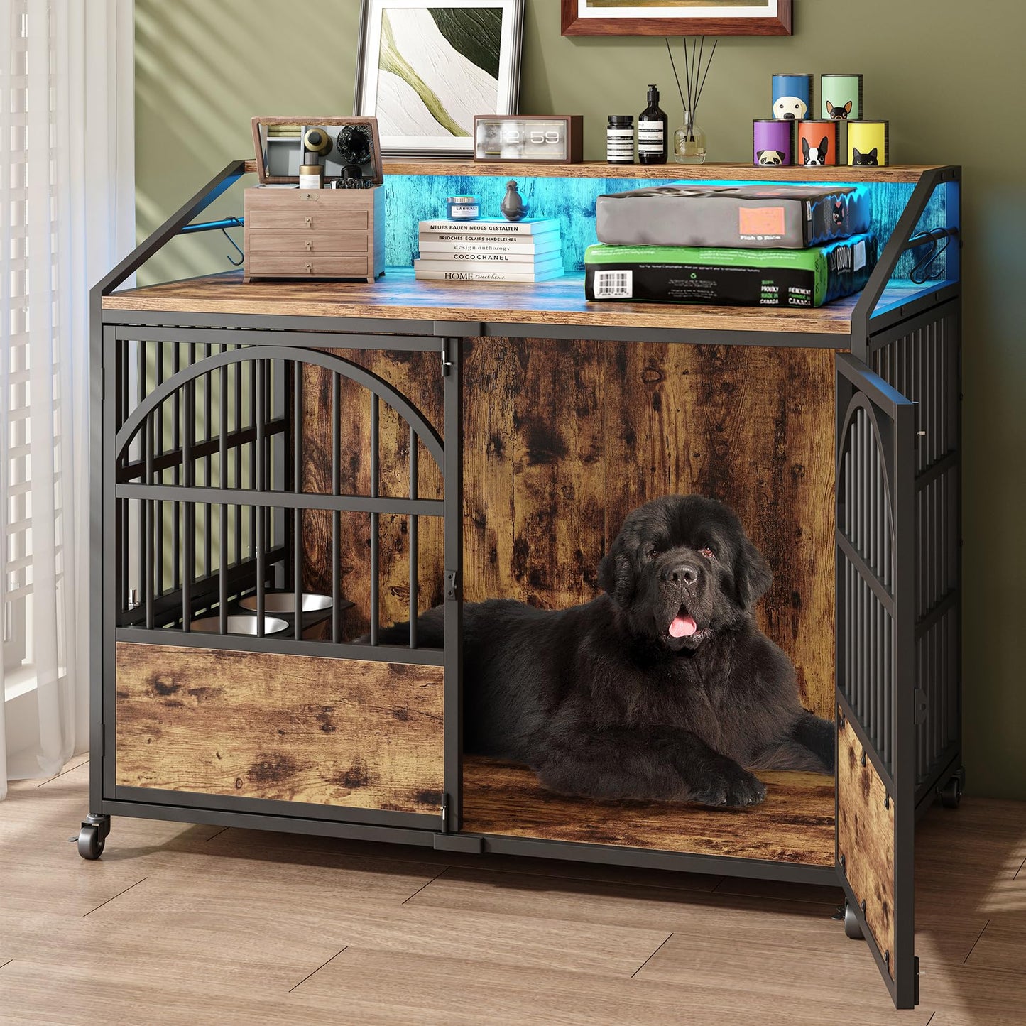 44 Inch Heavy Duty Dog Crate Furniture with 3 Doors, Dog Kennel with 360° Stainless Steel Bowls, Lockable Wheels, Wood Dog Cage End Table with Led Light, Pet Crate Dog Cage for Large/Medium/Small Dogs