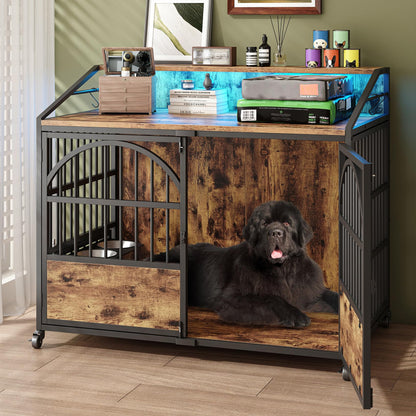 44 Inch Heavy Duty Dog Crate Furniture with 3 Doors, Dog Kennel with 360° Stainless Steel Bowls, Lockable Wheels, Wood Dog Cage End Table with Led Light, Pet Crate Dog Cage for Large/Medium/Small Dogs