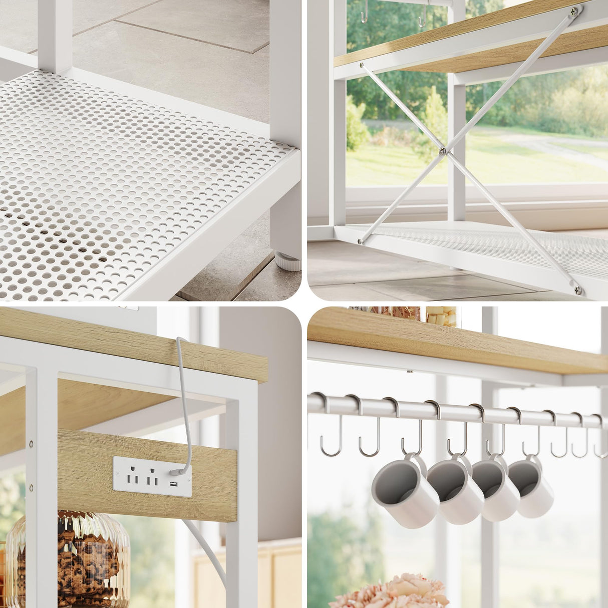 IRONCK Kitchen Island with Stools, Dining Table Set with Storage and Power Outlet, Industrial Coffee Bar Table for Kitchen Dining Living Room, 10 Hooks (Natural Wood) IRONCK