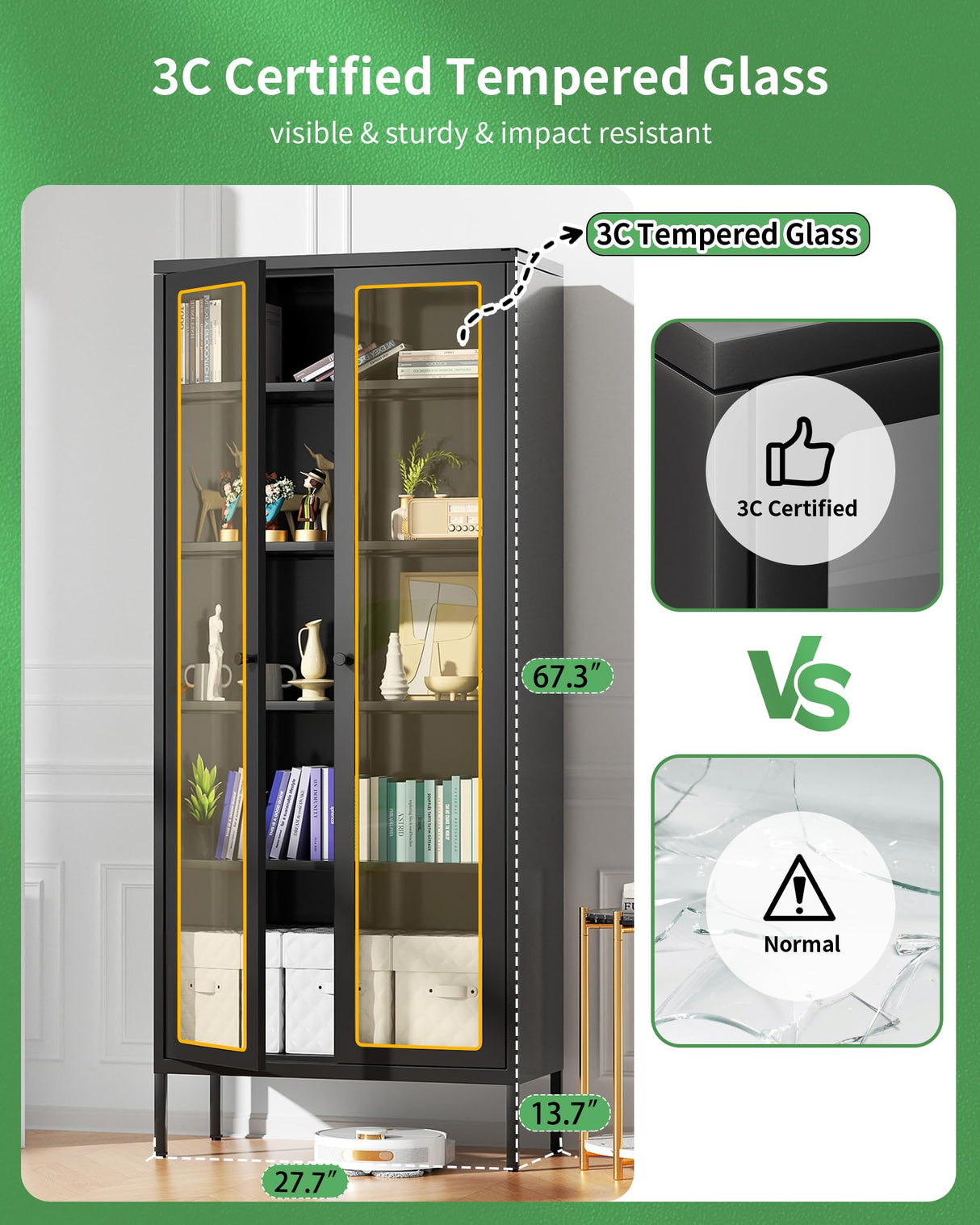 Greenvelly 67" Metal Display Cabinet with Glass Doors and 4 Shelves, Black Glass Display Storage Cabinets for Collectibles, Tall Curio Cabinet with Glass Doors for Home Office, Living Room, Pantry Greenvelly