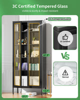Greenvelly 67" Metal Display Cabinet with Glass Doors and 4 Shelves, Black Glass Display Storage Cabinets for Collectibles, Tall Curio Cabinet with Glass Doors for Home Office, Living Room, Pantry Greenvelly