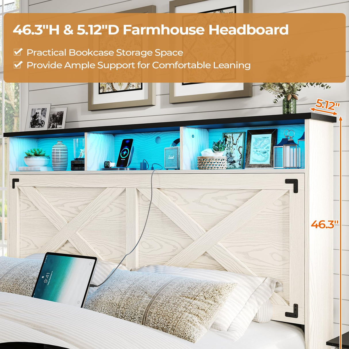 DICTAC Farmhouse Queen Bed Frame with Storage Headboard, Charging Station and LED Lights Queen Size Platform Bed Frame with Storage Ottoman, Metal Slats Support, No Box Spring Needed, Antique White DICTAC