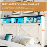 DICTAC Farmhouse Queen Bed Frame with Storage Headboard, Charging Station and LED Lights Queen Size Platform Bed Frame with Storage Ottoman, Metal Slats Support, No Box Spring Needed, Antique White DICTAC