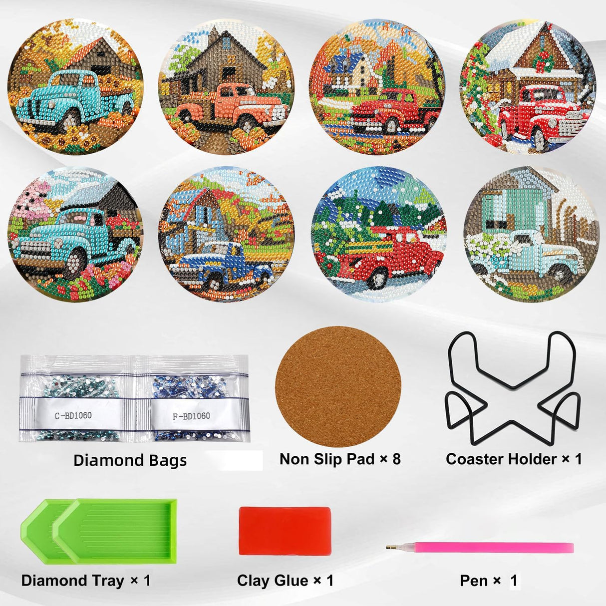 Ekuxom 8 PCS Truck Diamond Art Coasters Kits-5D Diamond Painting Coasters Kits with Holder-Cork Pads DIY Car Diamond Art for Adults Beginners Home Decor Crafts Gifts Ekuxom