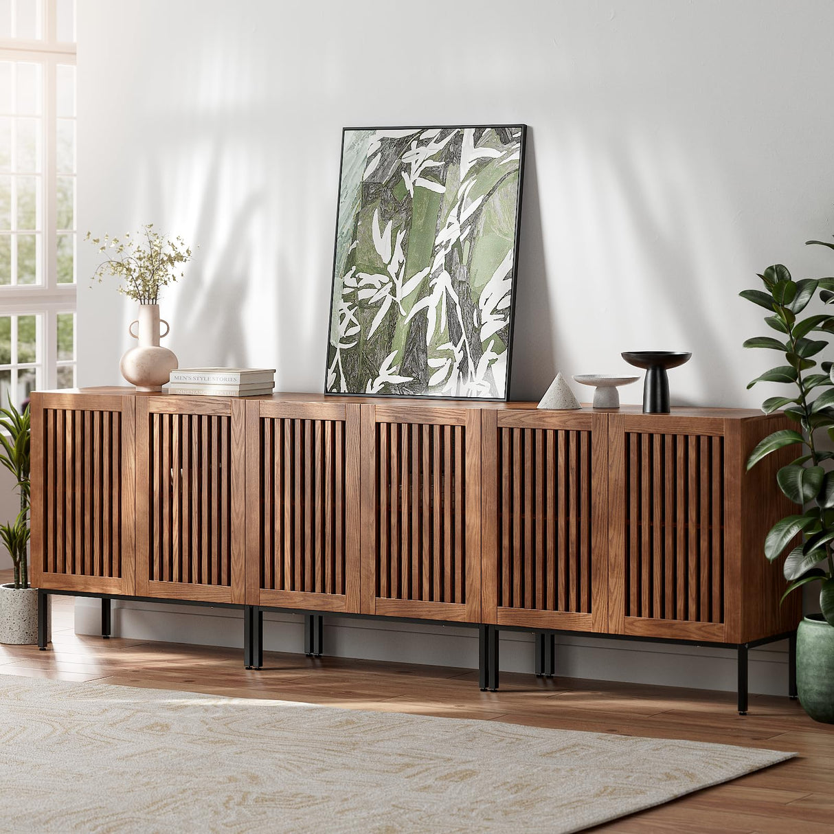 BVIUNTWO Storage Cabinet,94.5" Farmhouse Buffet Cabinet with Metal Base and Adjustable Shelves,Sideboard Coffee Bar Cabinet with 6 Doors for Kitchen,Dining Room,Living Room,Brown BVIUNTWO